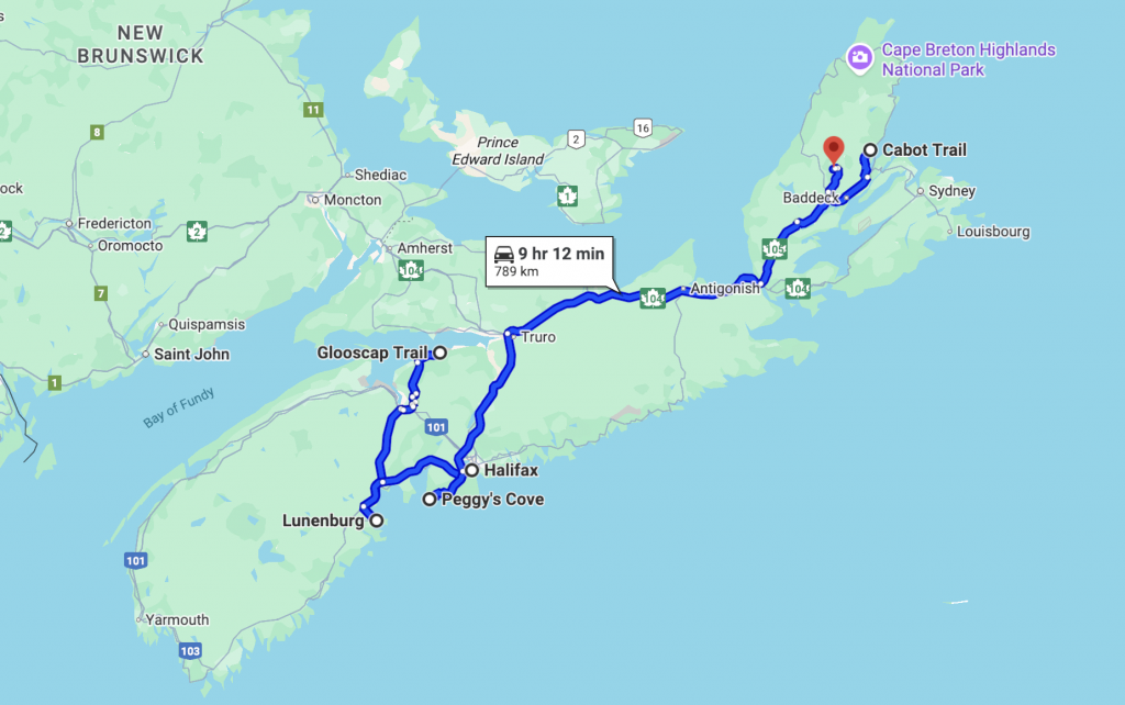 7-day East Coast Canada road trip map